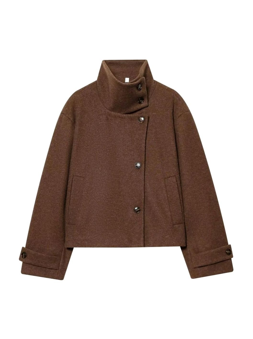 Women's vintage wool coat by Homixa featuring a stand collar and asymmetric button front, cropped short style.