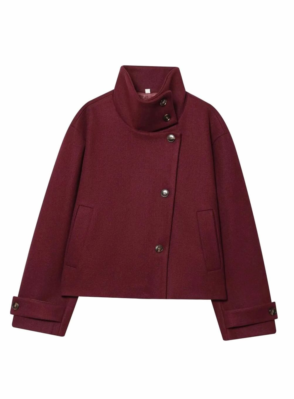Women's vintage wool coat by Homixa featuring a stand collar and asymmetric button front, cropped style and classic design.