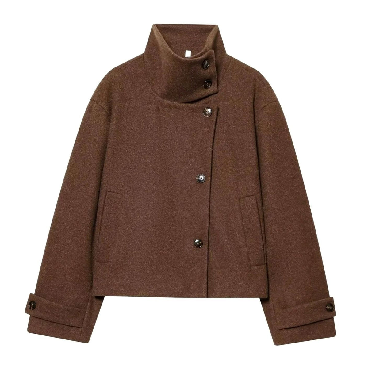 Women's vintage wool coat by Homixa featuring a stand collar, cropped length, and asymmetric button front.