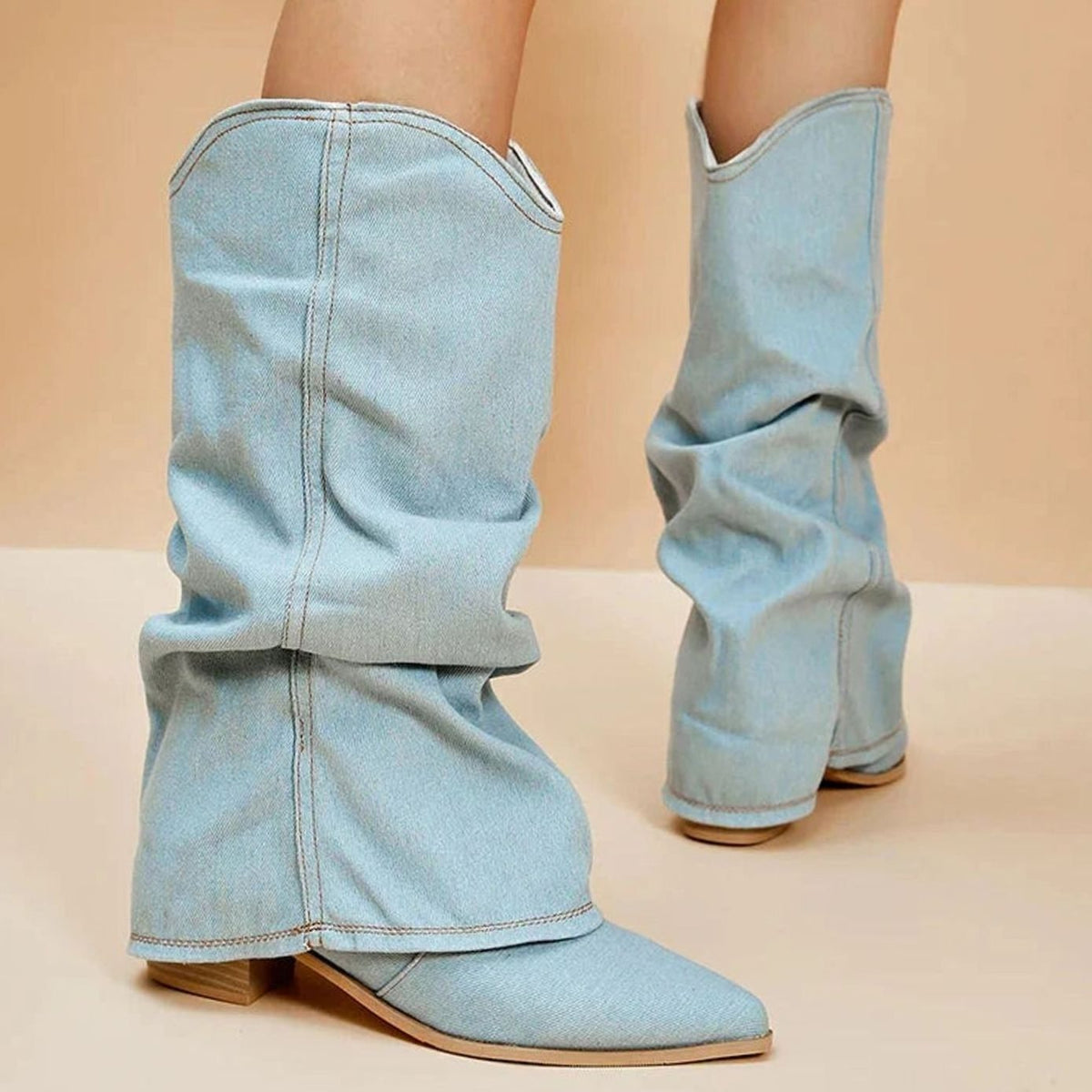 Women's denim western boots by Homixa with pleated shaft, pointed toe, and low block heel, stylish and comfortable.