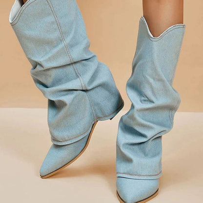 Women's denim western boots by Homixa with pleated shaft, pointed toe, and low block heel, styled for casual and western looks.