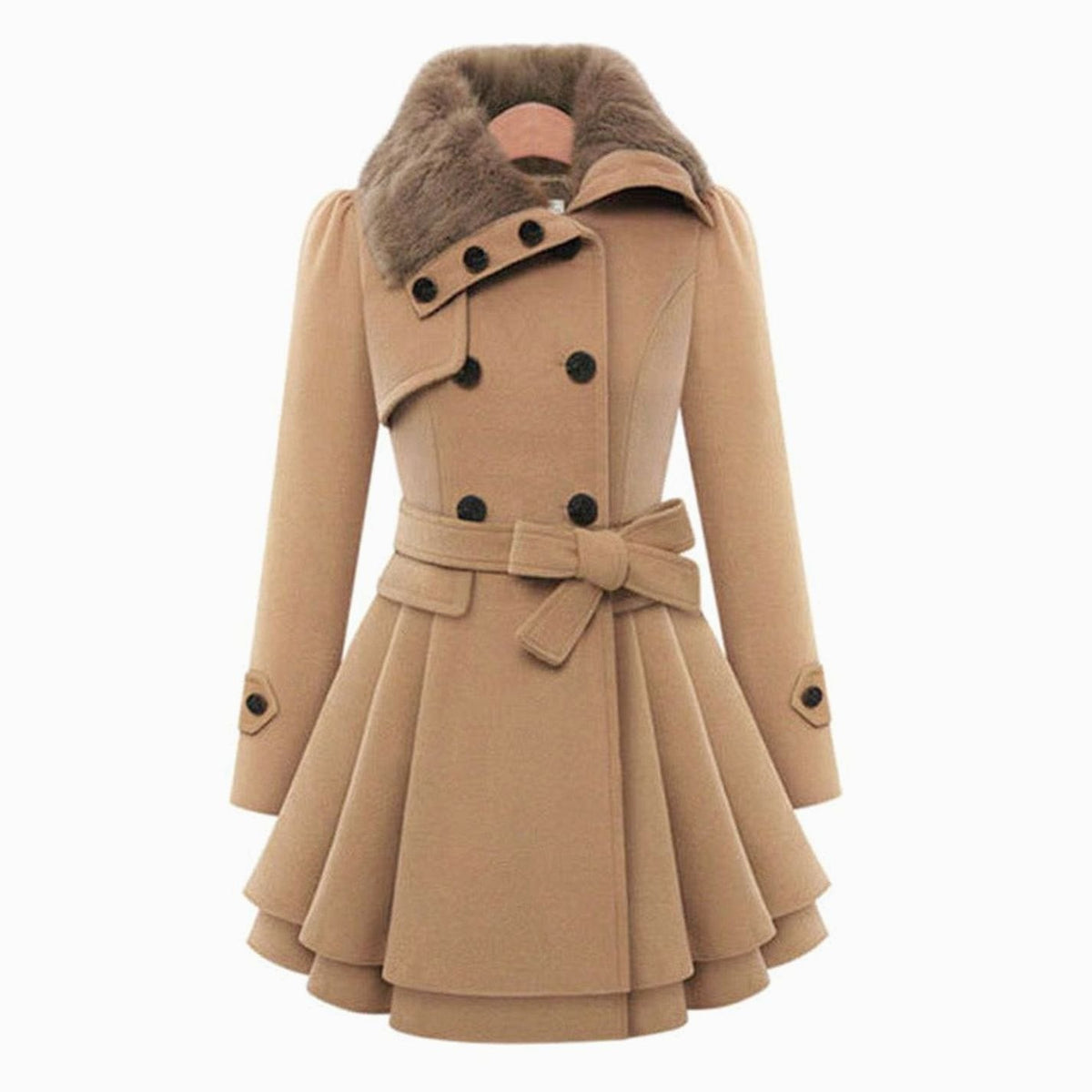 Vintage-style Homixa women's double-breasted belted overcoat with faux-fur collar, flared hem, and tailored fit.