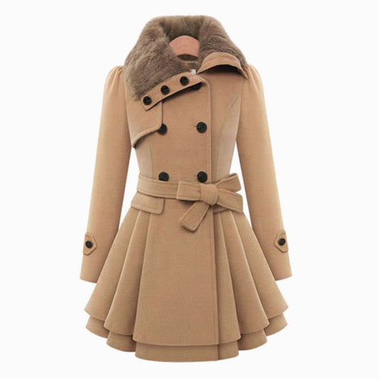 Vintage-style Homixa women's double-breasted belted overcoat with faux-fur collar, flared hem, and tailored fit.