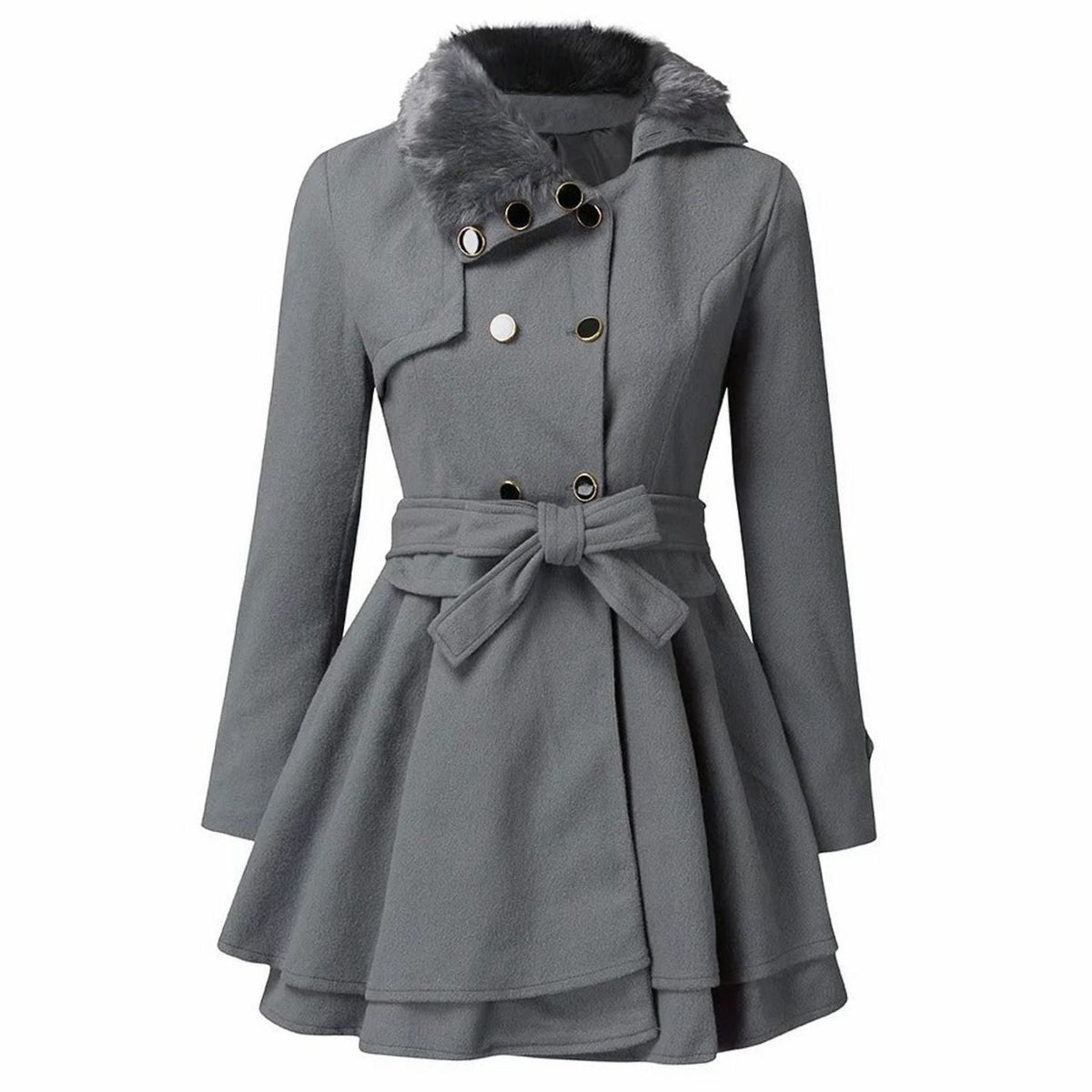 Vintage-style Homixa women's double-breasted belted overcoat with faux-fur collar, flared hem, and tailored fit.