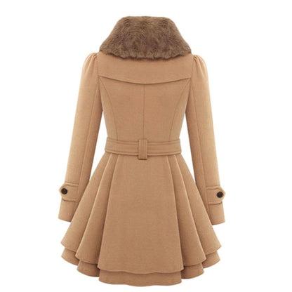 Vintage-style Women's double-breasted belted overcoat with flared hem and faux-fur collar, by Homixa, displayed on a model.