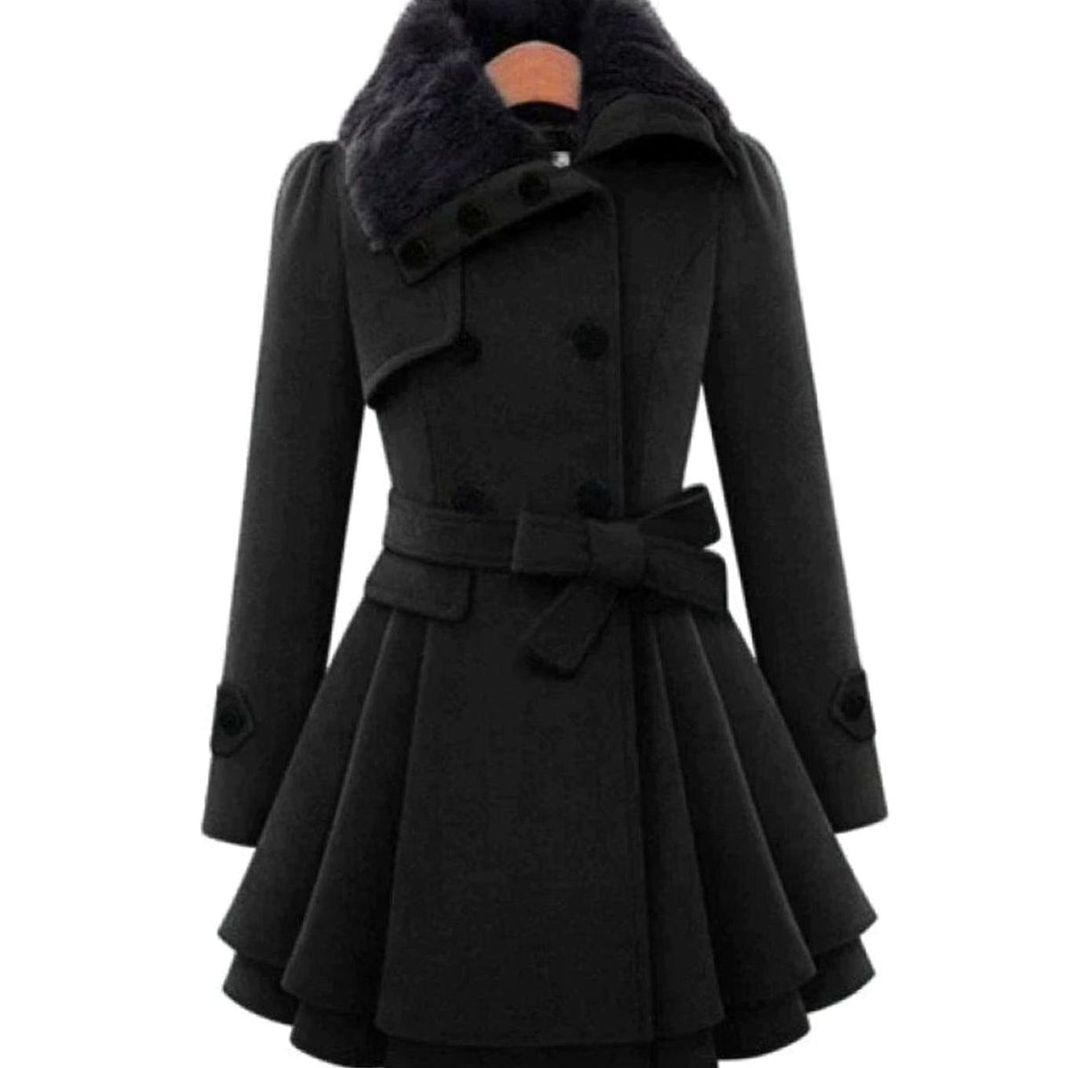Vintage-style Homixa women's double-breasted belted overcoat with faux-fur collar, flared hem, and tailored fit.