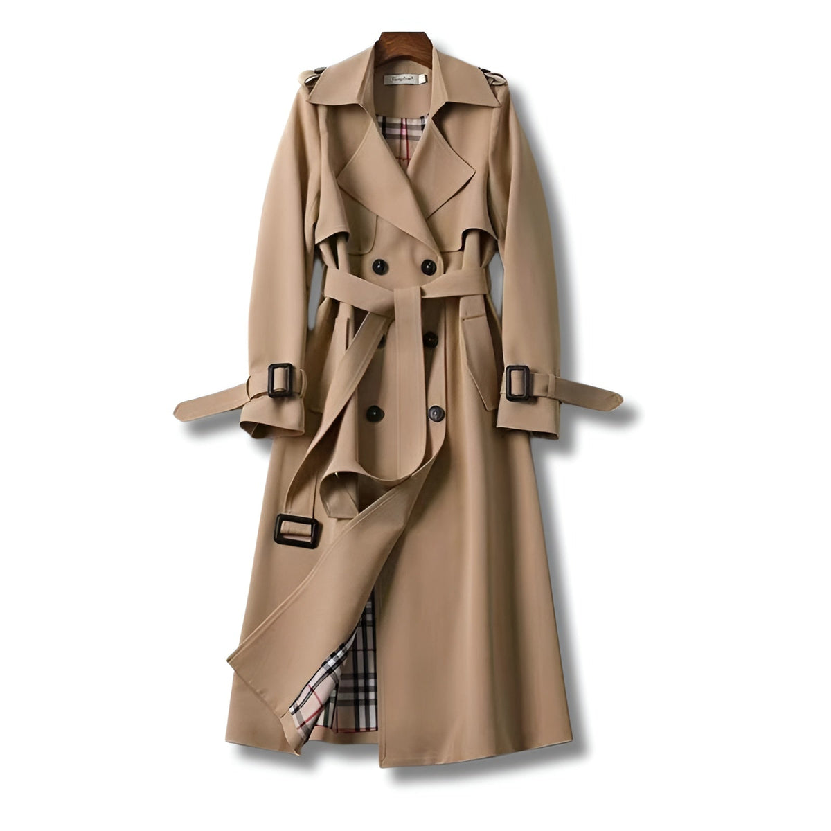 Women's Homixa double-breasted trench coat with belt, buckled cuffs, and plaid lining, displayed on a model.