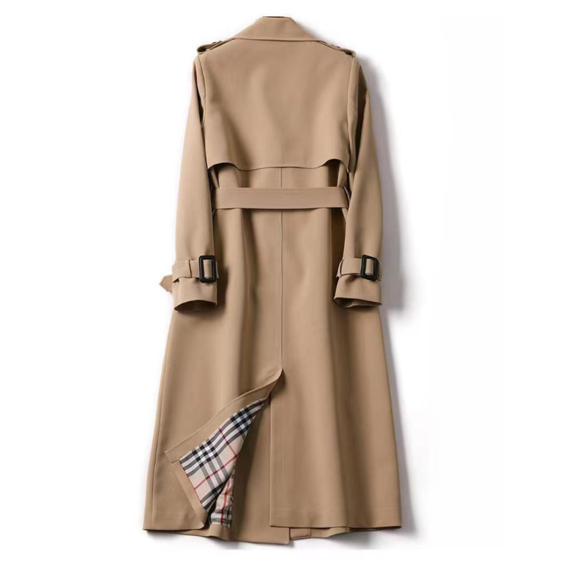 Women's Homixa double-breasted trench coat with belt, buckled cuffs, and plaid lining, shown on a model against a neutral background.
