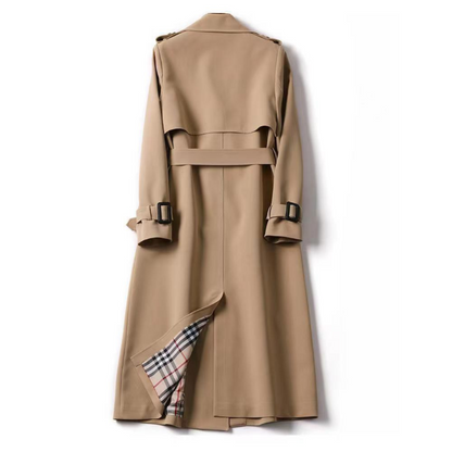 Women's Homixa double-breasted trench coat with belt, buckled cuffs, and plaid lining, shown on a model against a neutral background.