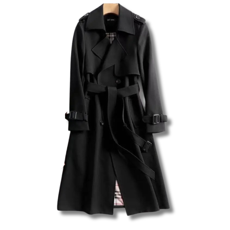 Women's double-breasted trench coat with belt, buckled cuffs, and plaid lining, by Homixa, shown hanging on a hanger.