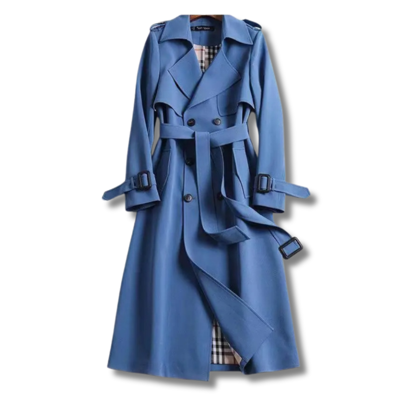 Women's double-breasted trench coat by Homixa with belt, buckled cuffs, and plaid lining, displayed on a model.