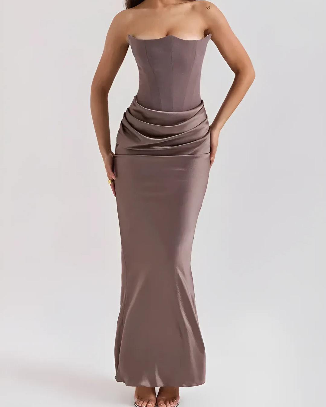 Homixa women's strapless draped maxi dress, perfect for summer wedding guests, with flowing fabric and elegant neckline.