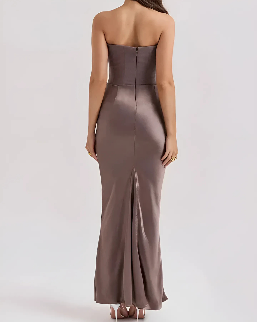 Homixa women's draped maxi dress with strapless neckline, perfect for summer wedding guests, flowing and elegant.