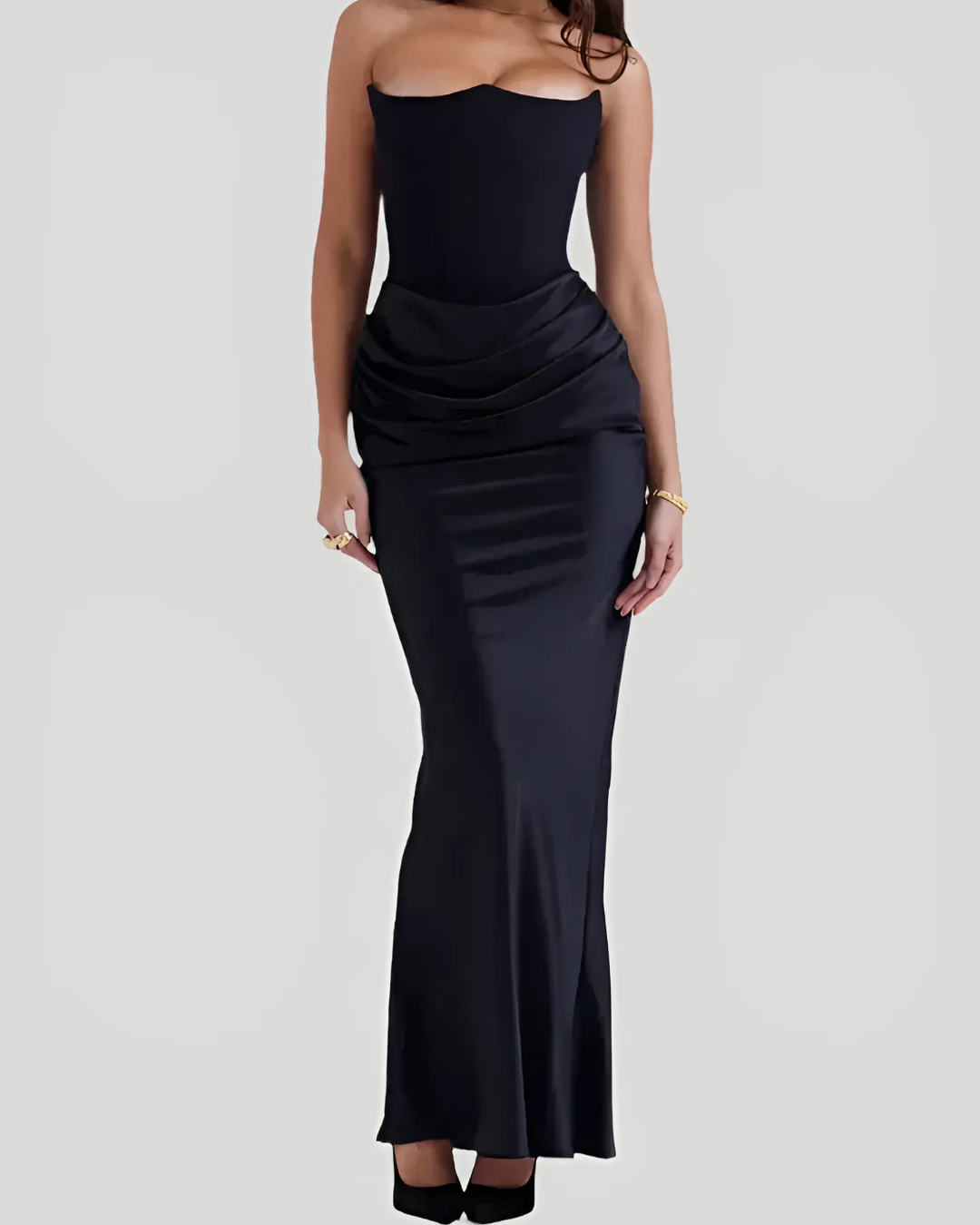 Homixa women's strapless draped maxi dress designed for summer wedding guests, featuring a flowing silhouette and elegant neckline.
