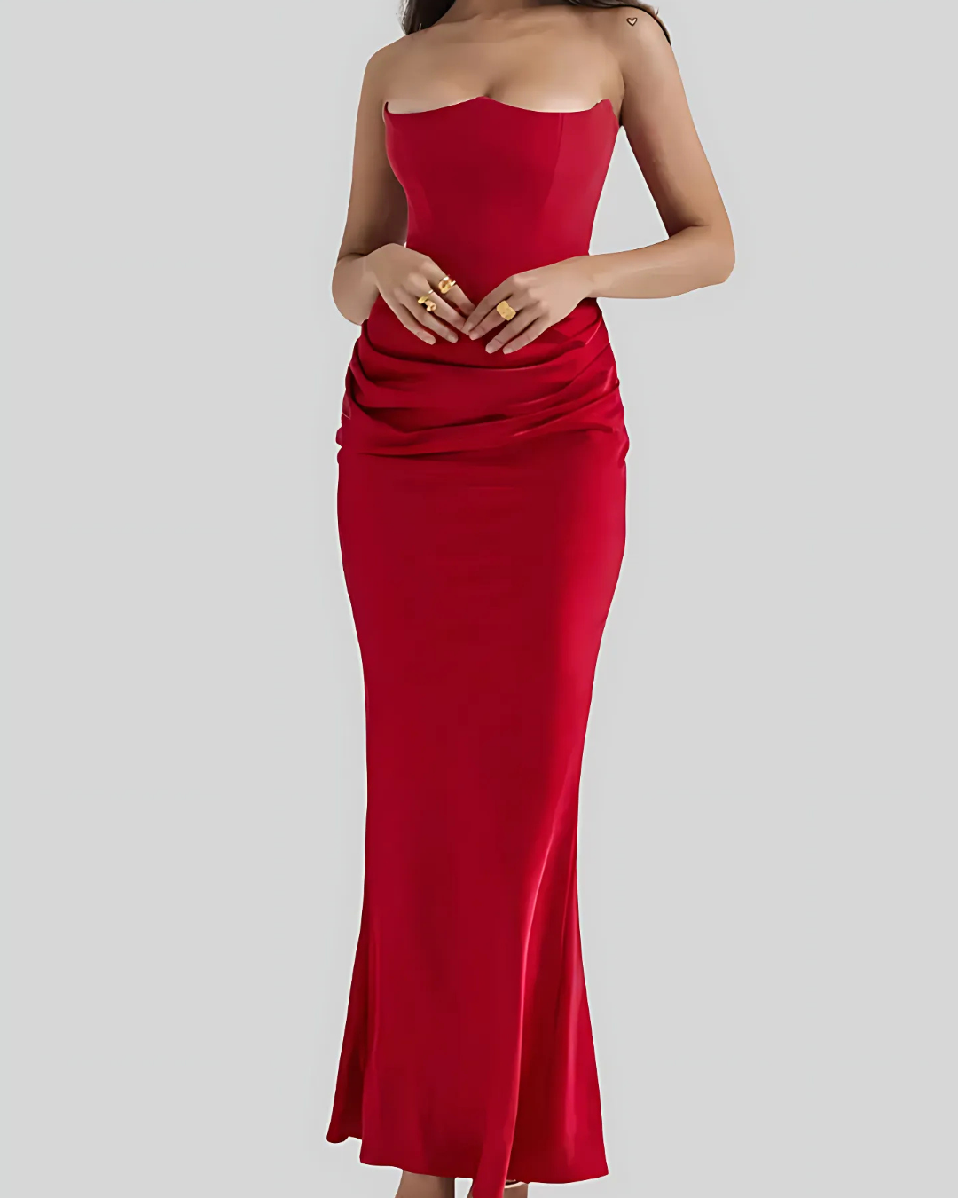 Elegant women’s draped maxi dress by Homixa featuring a strapless neckline, perfect for summer wedding guests.