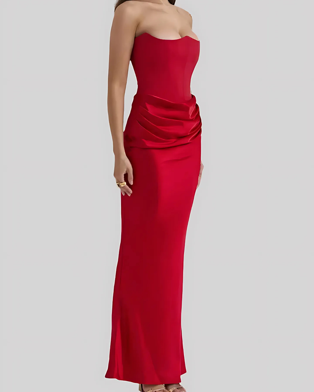 Homixa women's draped maxi dress with strapless neckline, perfect for summer wedding guests, flowing and elegant in style.