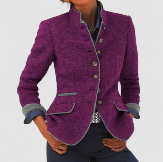 Elegant women's fitted cardigan blazer with stand collar and button-front design, stylish and tailored by Homixa.