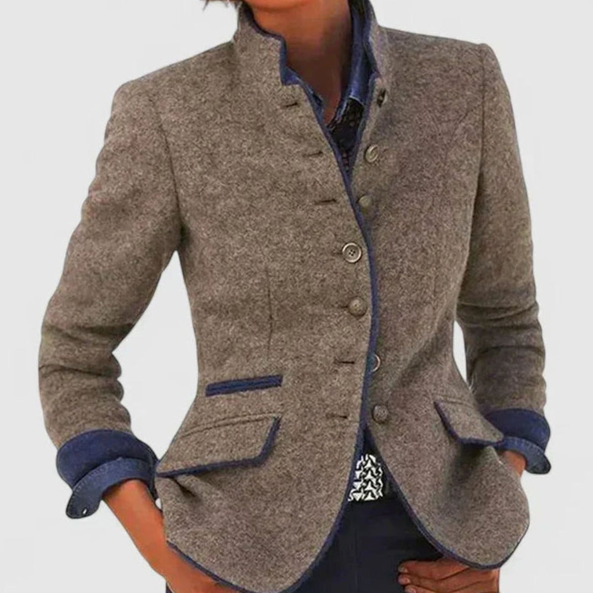 Elegant women's fitted blazer jacket with stand-collar and button-front closure by Homixa, stylish and suitable for formal wear.