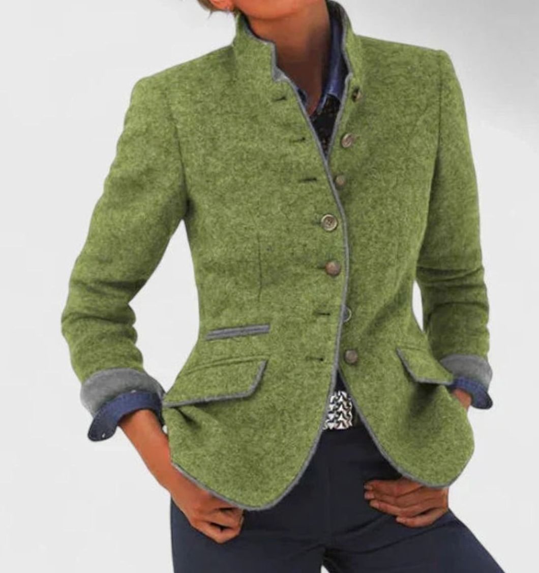 Elegant Homixa women's fitted cardigan blazer with stand collar and button-front design, perfect for sophisticated style.