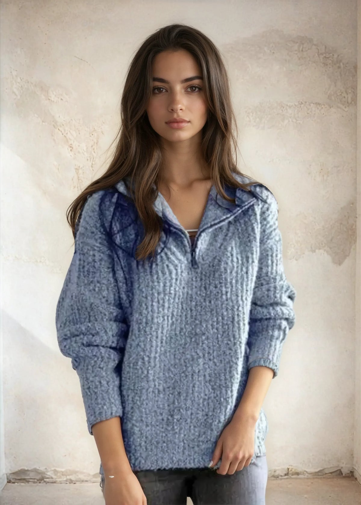 Women's elegant half-zip sweater by Homixa featuring a stand collar and soft knit fabric, displayed on a model.