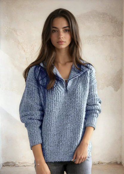 Women's elegant half-zip sweater by Homixa featuring a stand collar and soft knit fabric, displayed on a model.