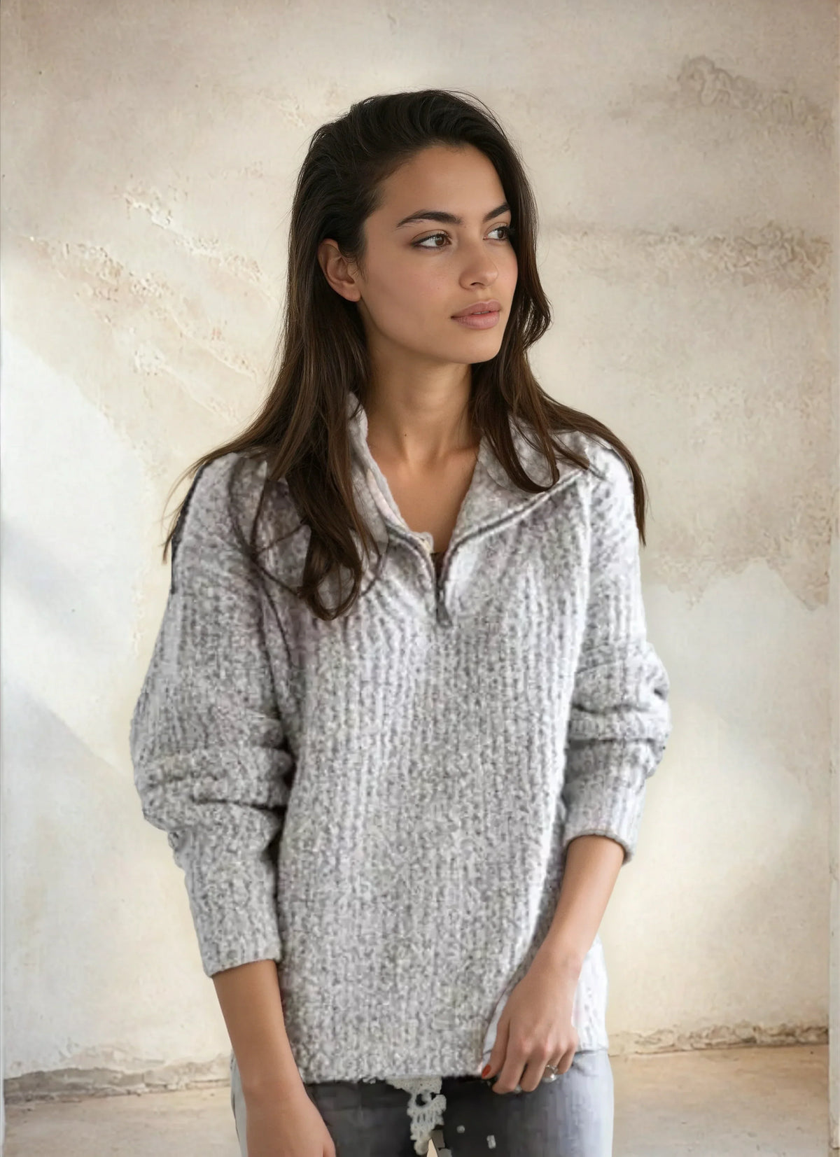 Women's elegant half-zip sweater with stand collar and soft knit fabric, by Homixa, shown in a stylish, close-up view.