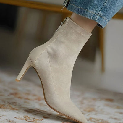 Homixa women's elegant stiletto-heel ankle boots with stretch shaft and rear-zip closure, sleek and stylish footwear for women.