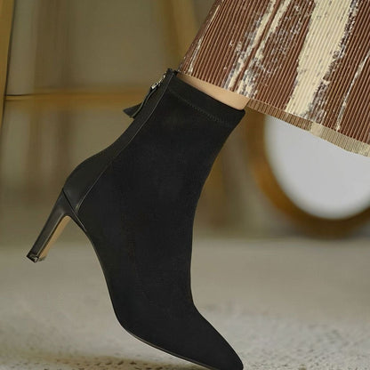 Elegant women's stiletto-heel ankle boots by Homixa featuring a stretch shaft and rear-zip closure, stylish and sophisticated footwear.