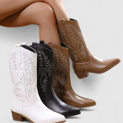 Women's embroidered western boots by Homixa with block heel and cushioned insole, showcasing intricate embroidery and stylish design.