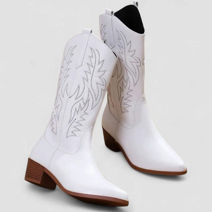 Women's embroidered Western boots by Homixa featuring a block heel and cushioned insole, shown in a stylish close-up image.