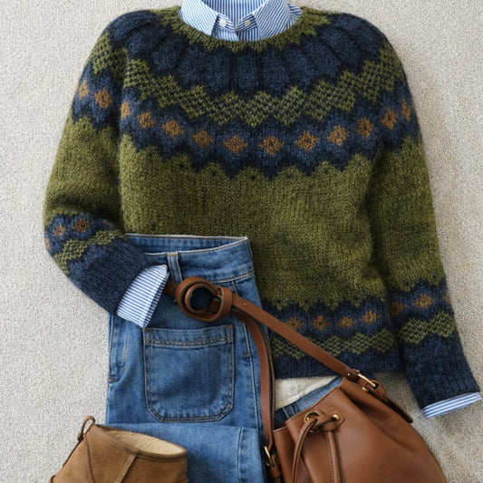 Women's Fair-Isle Nordic knit sweater by Homixa featuring a crew neck, ribbed cuffs and hem, in a cozy winter pattern.
