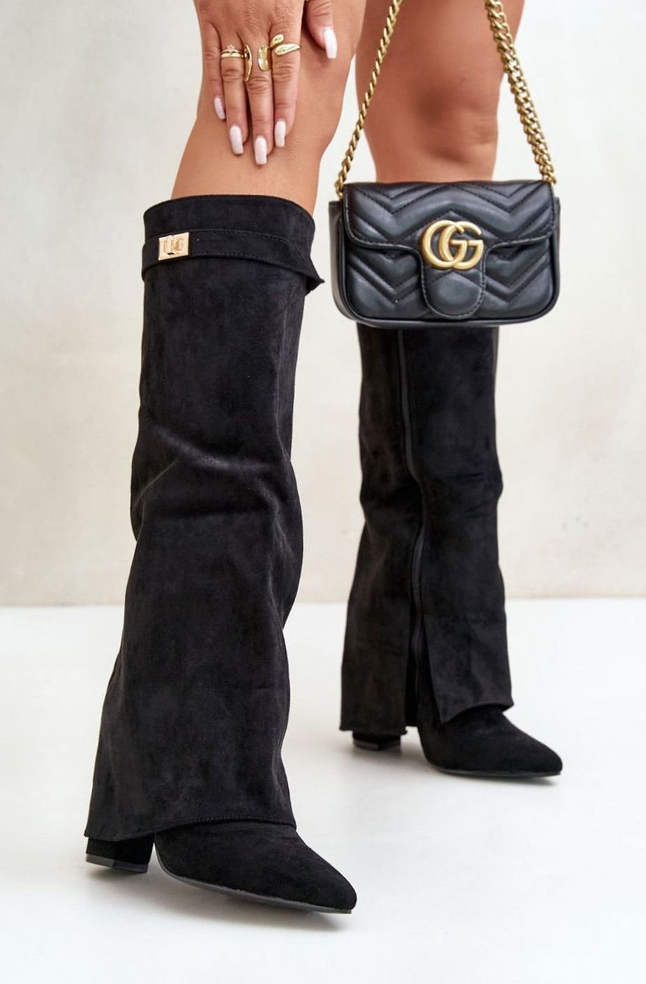 Homixa women's knee-high faux suede block heel boots with buckle detail, perfect for fall and winter styles.