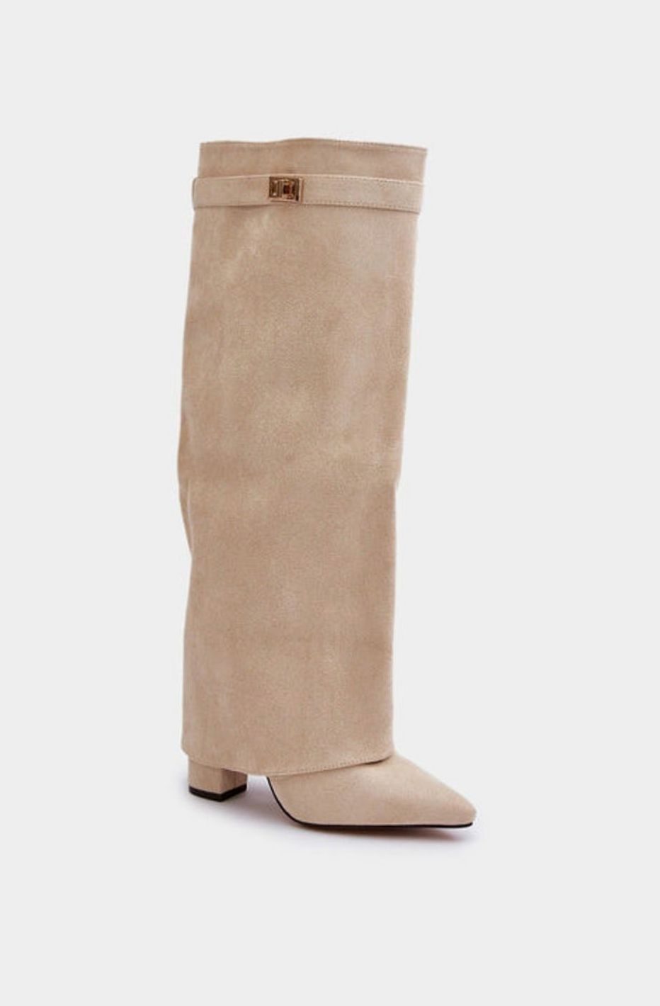 Homixa women's knee-high faux suede boots with block heel and buckle detail, perfect for fall and winter fashion.