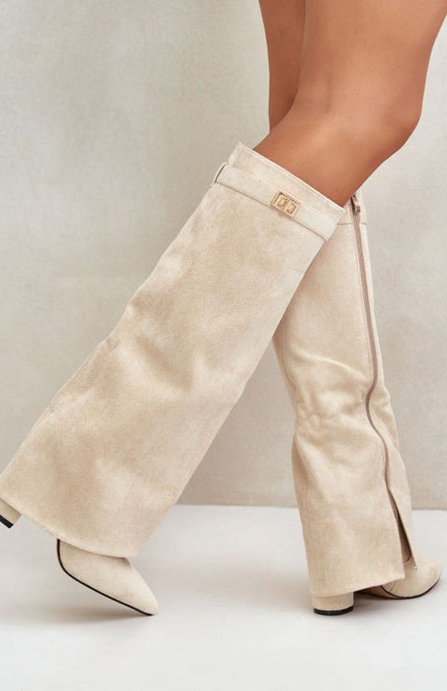 Homixa women's knee-high faux suede boots with block heel and buckle, perfect for fall and winter fashion.