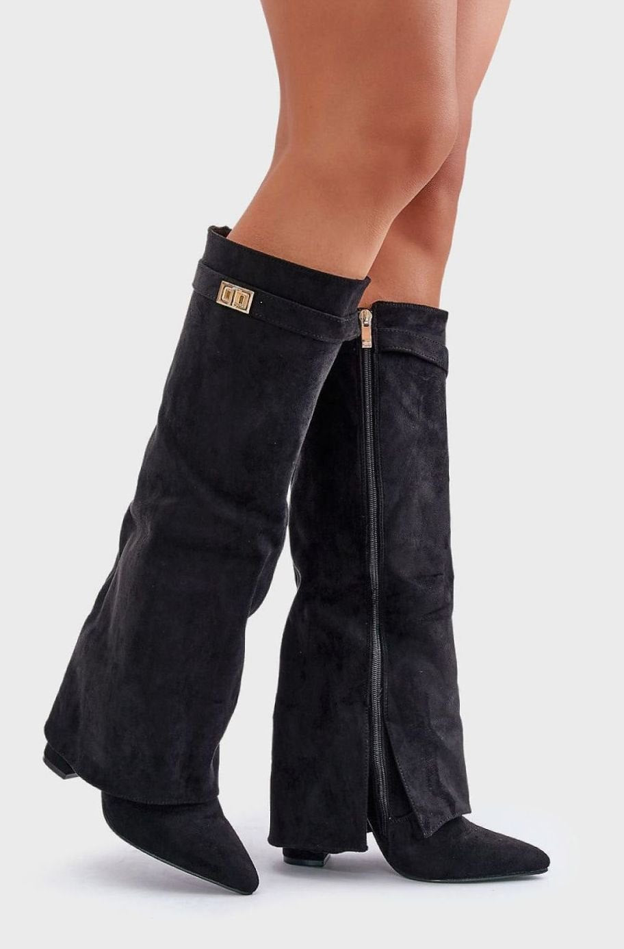 Homixa women's knee-high faux suede block heel boots with buckle detail, perfect for fall and winter fashion.