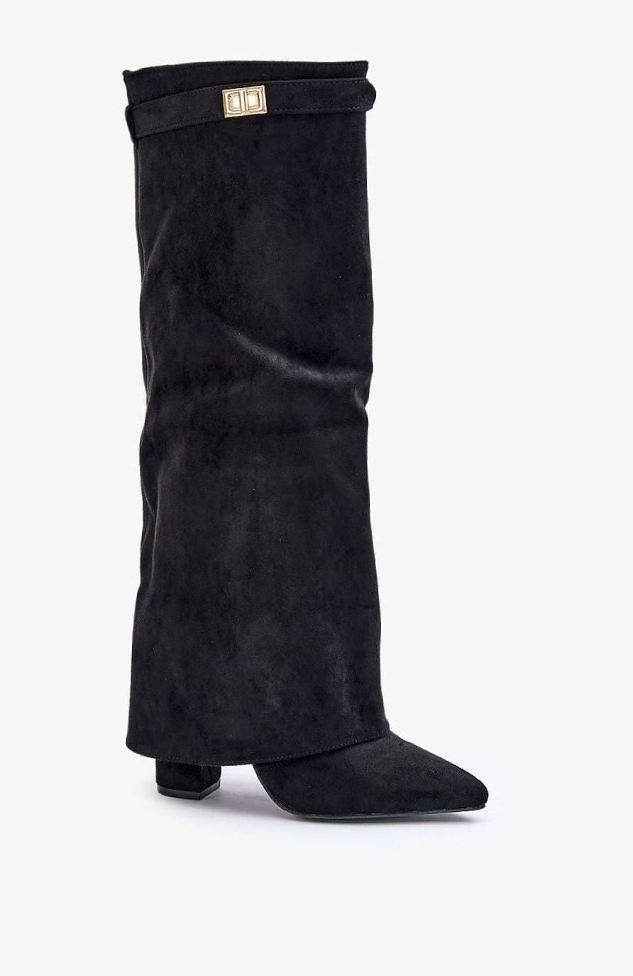 Homixa women's knee-high faux suede boots with block heel and buckle detail, perfect for fall and winter footwear style.
