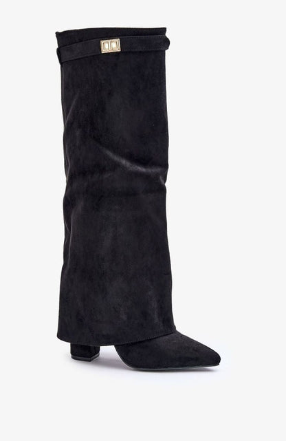 Homixa women's knee-high faux suede boots with block heel and buckle detail, perfect for fall and winter footwear style.