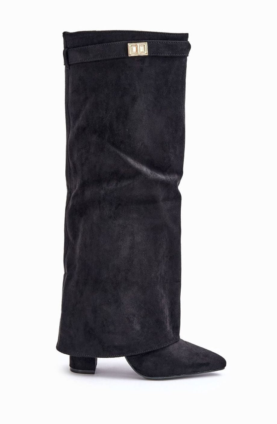 Women's fall-to-winter knee-high faux suede boots with block heel and buckle detail, stylish Homixa footwear.
