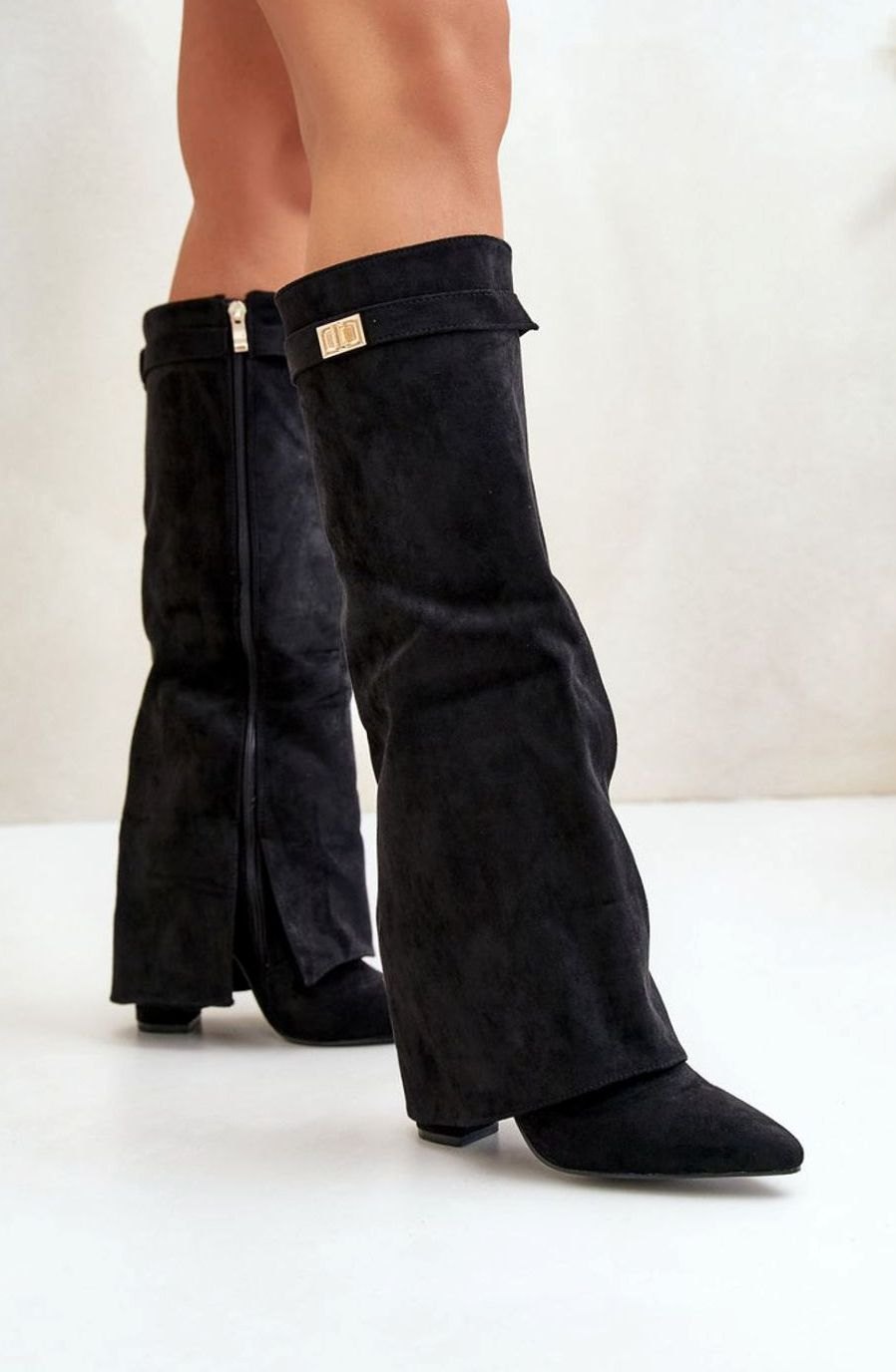 Homixa women's knee-high faux suede block heel boots with buckle detail, suitable for fall and winter fashion.