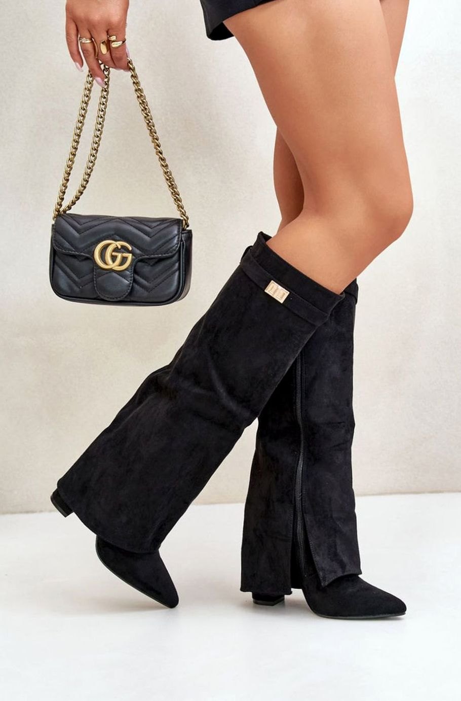 Homixa women's knee-high faux suede block heel boots with buckle detail, perfect for fall and winter outfits.