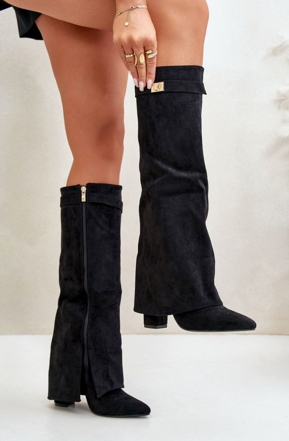 Homixa women's knee-high faux suede block heel boots with buckles, perfect for fall and winter fashion.