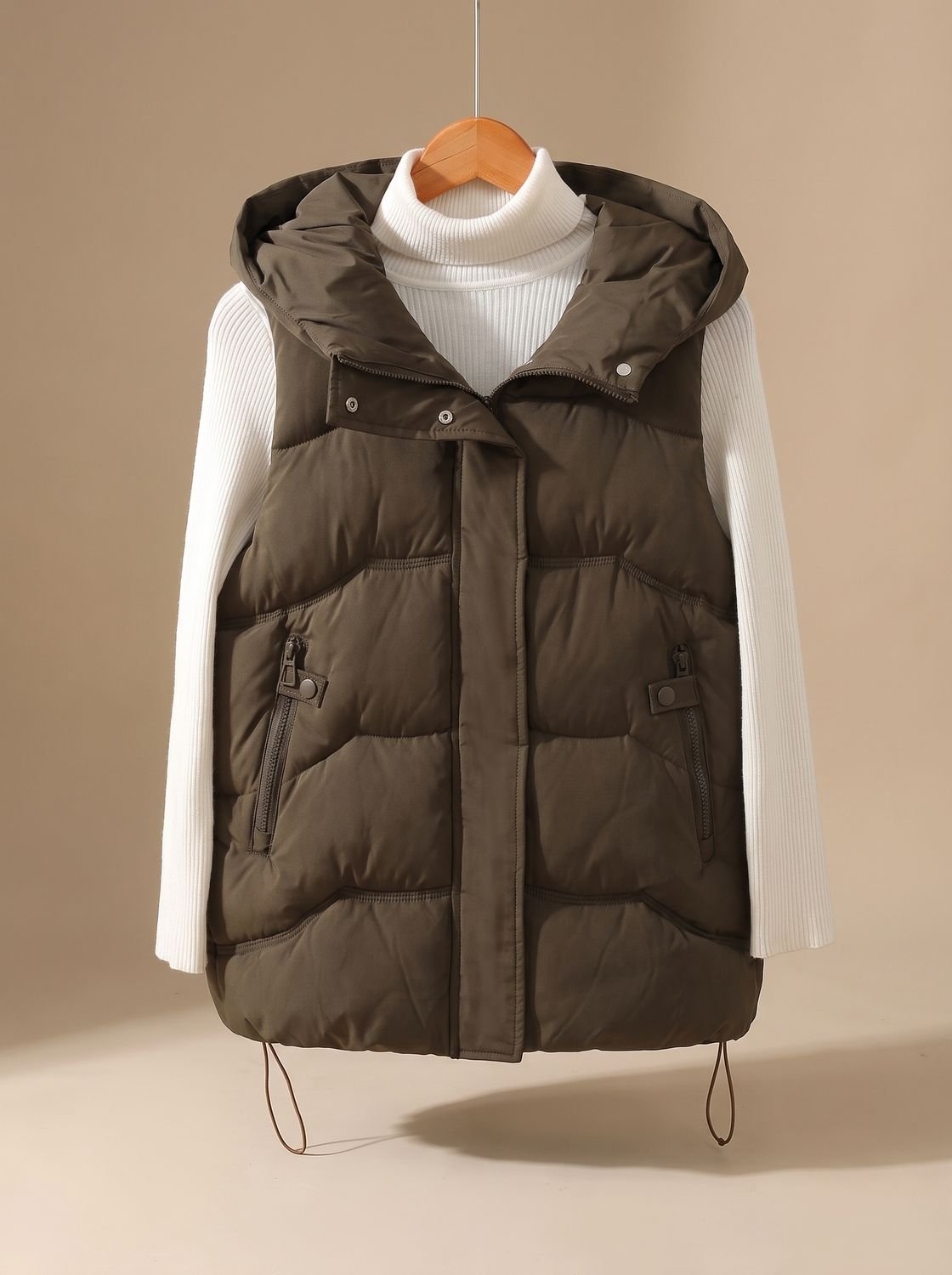 Women's Homixa hooded puffer vest with padded design, zippered pockets, ideal for fall and winter outdoor wear.