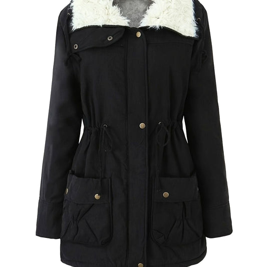 Women's winter parka by Homixa with faux-fur collar, drawstring waist, and button front for stylish cold-weather wear.
