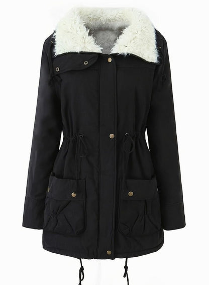 Women's Homixa winter parka with faux-fur collar, drawstring waist, and button front, perfect for cold weather.