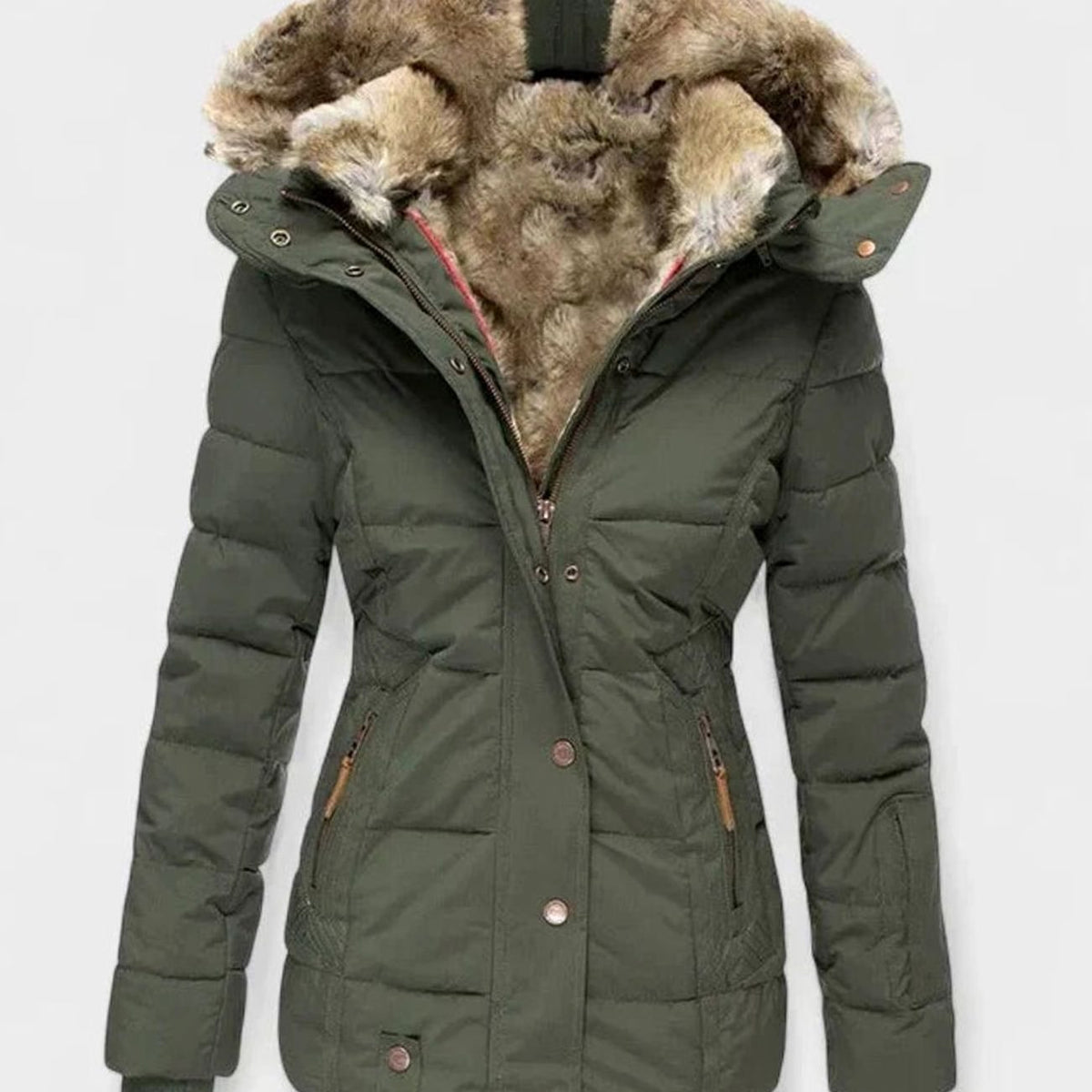 Women’s faux-fur hooded quilted puffer coat with zip front and shaped waist, showcasing cozy winter outerwear by Homixa.
