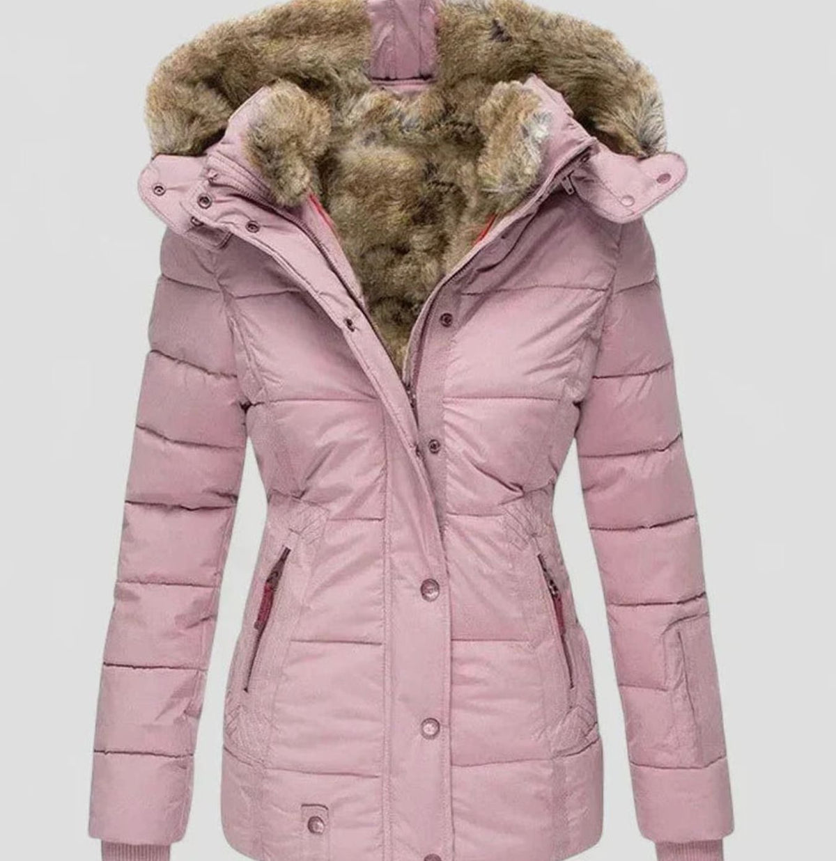 Women's faux-fur hooded quilted puffer coat with zip front and fitted waist, stylish Homixa winter outerwear.