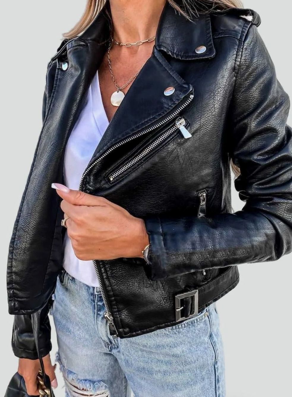 Women’s faux leather biker jacket with diagonal zip front and belt detail, stylish Homixa biker jacket for women.