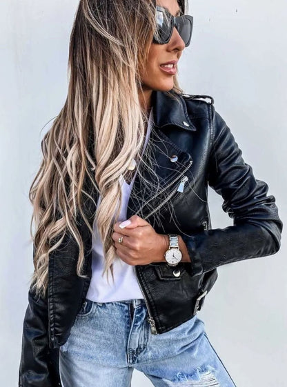 Women's faux leather biker jacket with diagonal zip front and belt detail, black Homixa biker jacket styled for a edgy look.