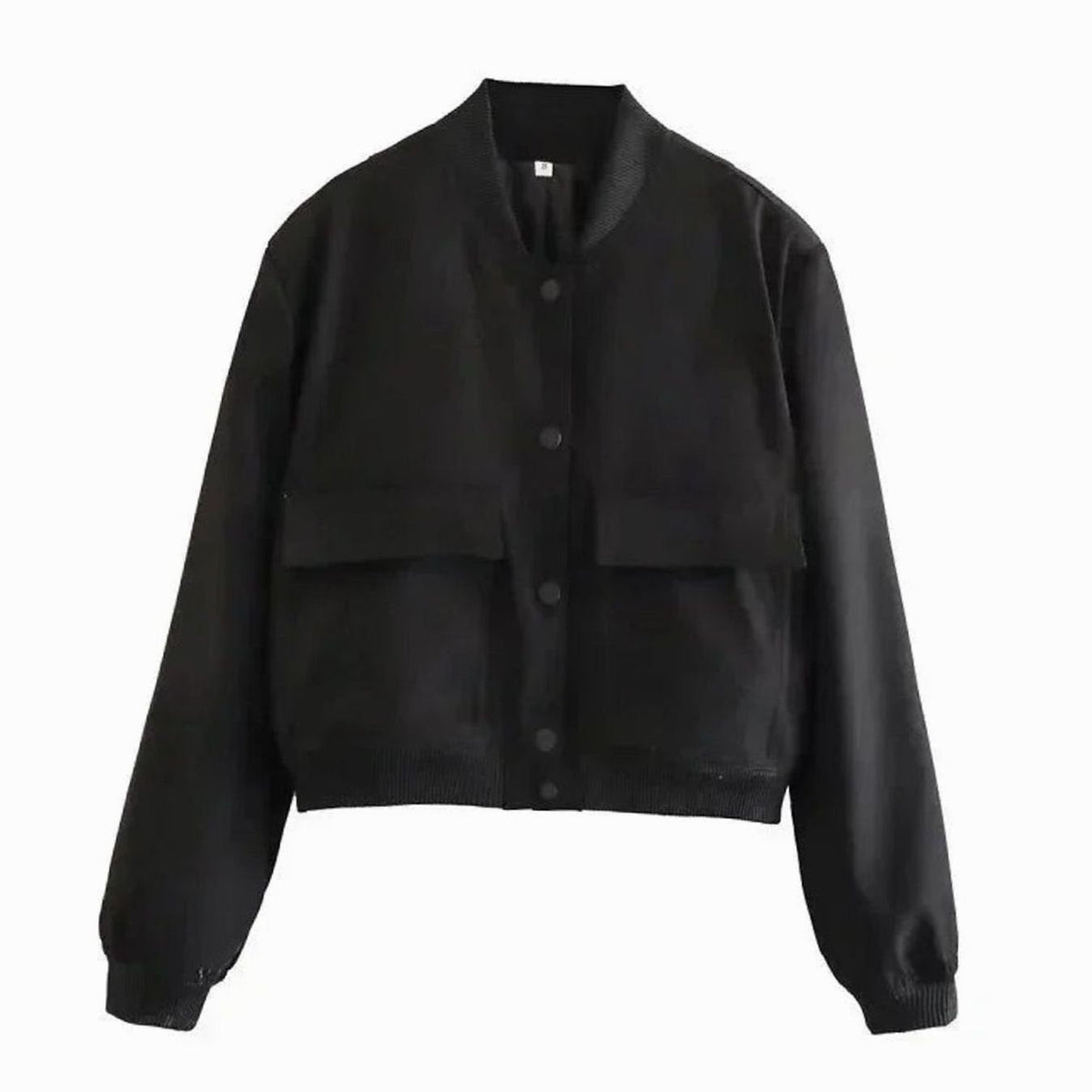 Women's faux-leather bomber jacket by Homixa with snap buttons, patch pockets, and ribbed collar, displayed on a hanger.