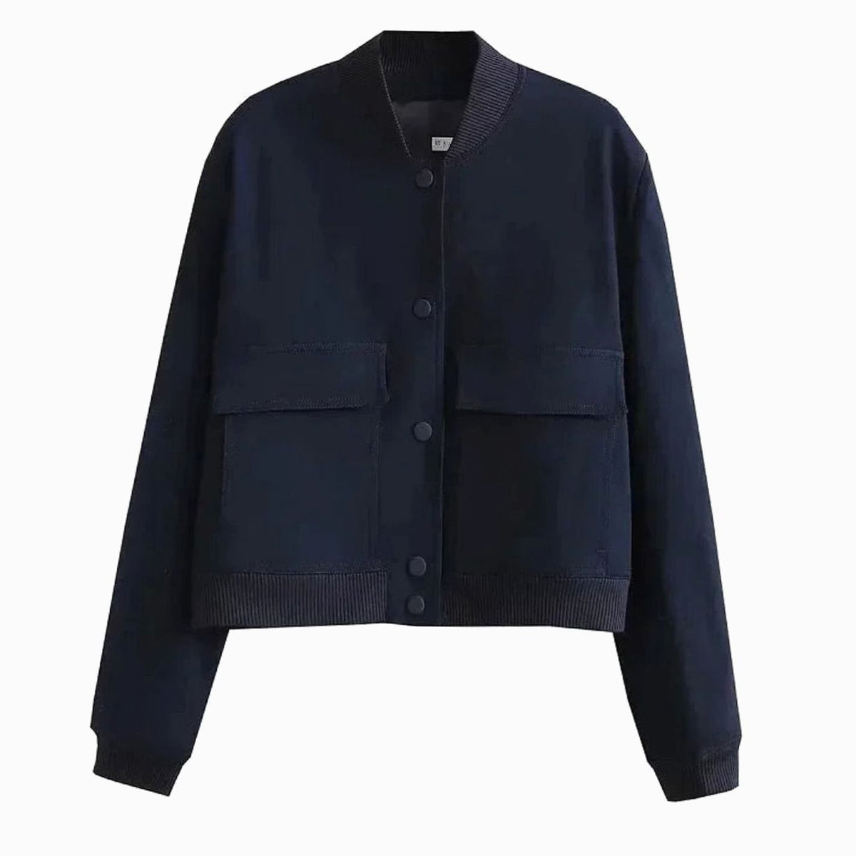 Women's faux-leather bomber jacket by Homixa featuring snap-button front, patch pockets, and ribbed collar, shown hanging on a hanger.